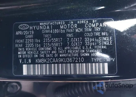 2019 Hyundai Kona Sel from USA, damaged, VIN KM8K2CAA9KU367210